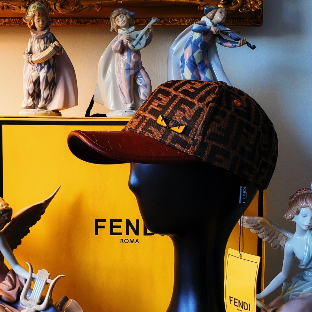 Fendi Brown FF Monster Eyes monogram baseball cap hat Thick Leather Brim - Picture 4 of 5